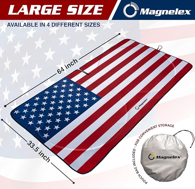 Magnelex American Flag Windshield Sun Shade, High-Resolution Car Sun Shield with Mirror Cut-Out for Automotive Interior Sun Protection Heat Reduction, Folding Car Sunshade - Large