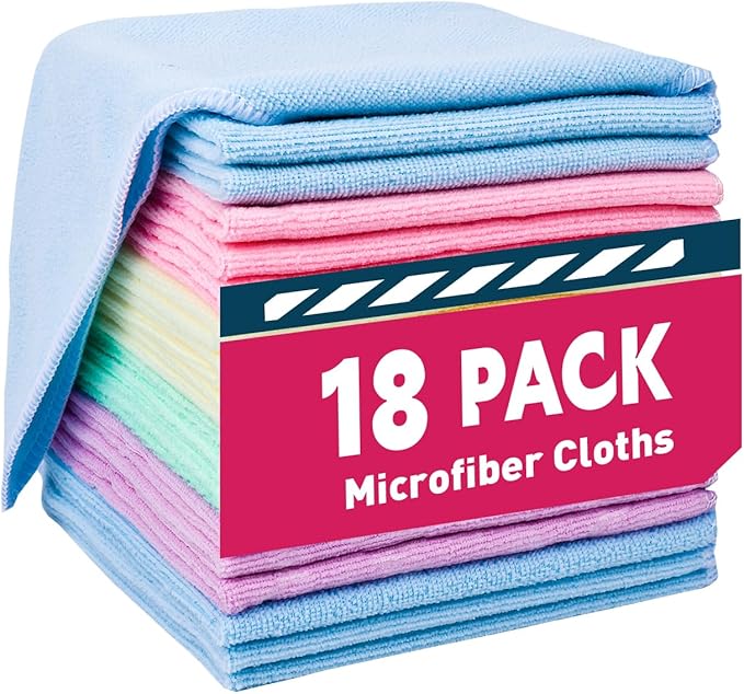 TEAWOO Microfiber Cleaning Cloths-18 Pack, Cleaning Rags, Microfiber Towels for Cars, Home 5 Colors Assorted (12x12 inches)