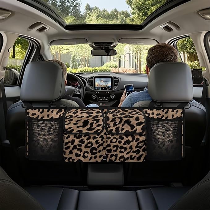 Brown Leopard Print Trunk Organizers for Men Hanging Storage Bins, Foldable Backseat Organizer for SUVs & Sedans, Sturdy Car Organization Accessories
