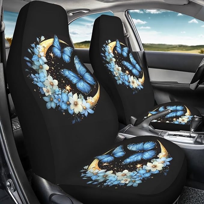 BIGCARJOB Moon Butterfly Car Seat Covers Set Universal Car Interior Seat Rugs 2 Pcs Auto Front Seat Protector Set for Women Butterfly Car Accessories Set