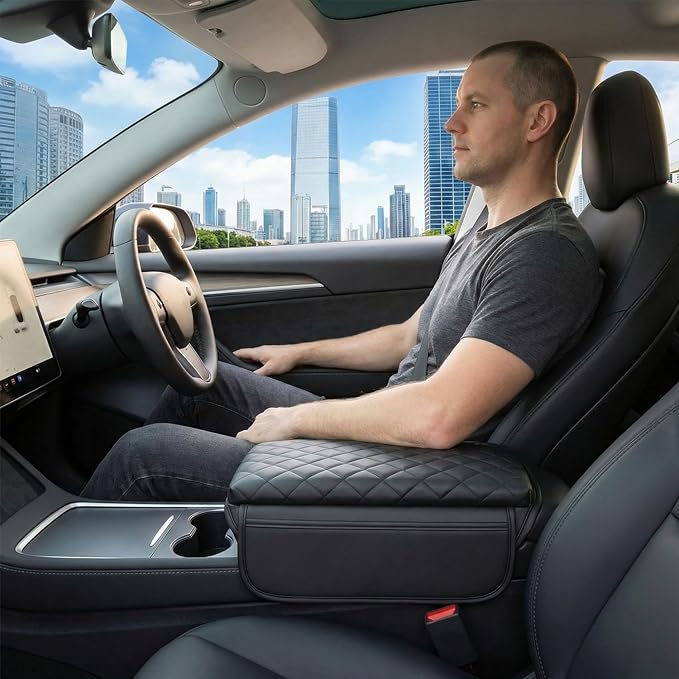 Center Console Cover for 2016-2023 Tesla Model 3 2020-2024 Model Y, PU Leather Armrest Box Cushion Protector Accessories