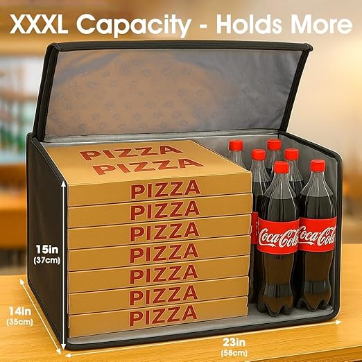 Bodaon Insulated Food Delivery Bag with Included Baseboard, Heavy-Duty Thermal XXXL Cold/Hot Lunch Warmer for Delivery Drivers, Reusable Grocery Carrier for Pizza, Drinks, Camping, Commercial, Black