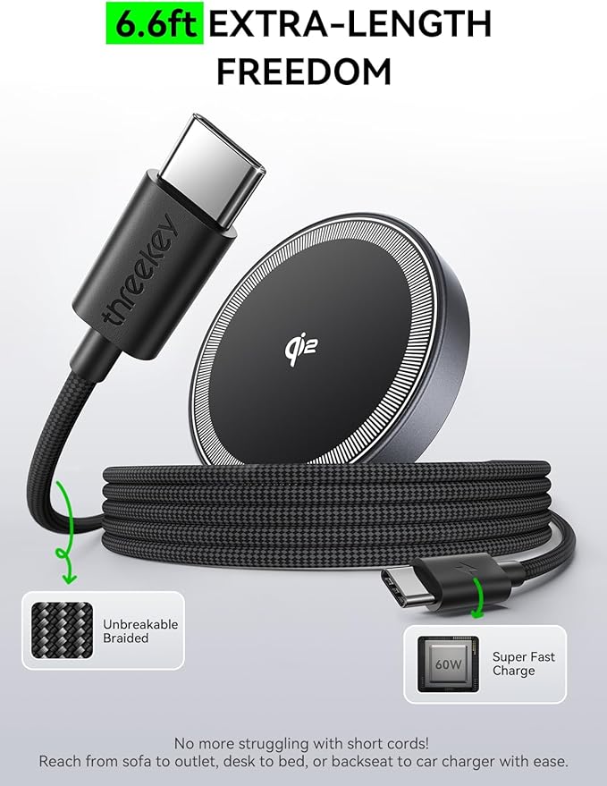 THREEKEY 2 Pack 15W Qi2 Certified Magnetic Wireless Charger 6.6ft Cable, Fast Charging Pad for iPhone 17-12&Airpods Series(20W Adapter Included)