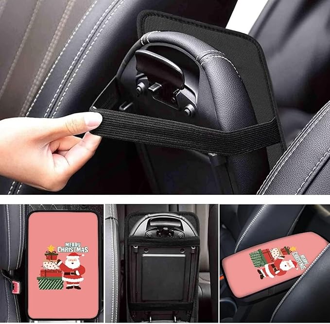 JEOCODY Pink Merry Christmas Santa Claus Console Armrest Cover Pads Car Interior Accessories Decor Seat Box Cover Protector