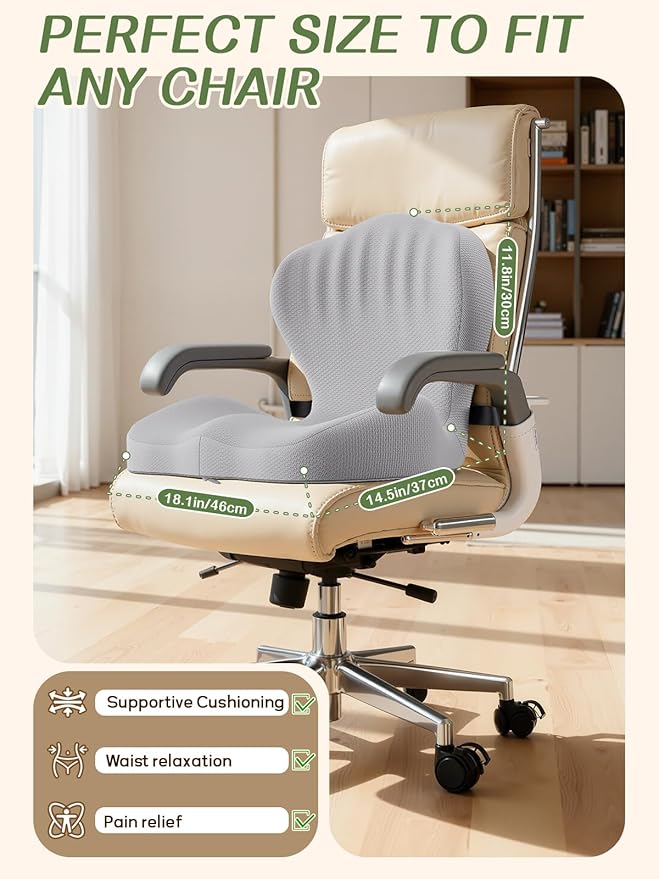 Benazcap Memory Foam Seat Cushion with Lumbar Support Pillow for Office Chair, Car & Gaming Seat, Wheelchair, Ergonomic Design for Sciatica & Tailbone Pressure Relief, Gray