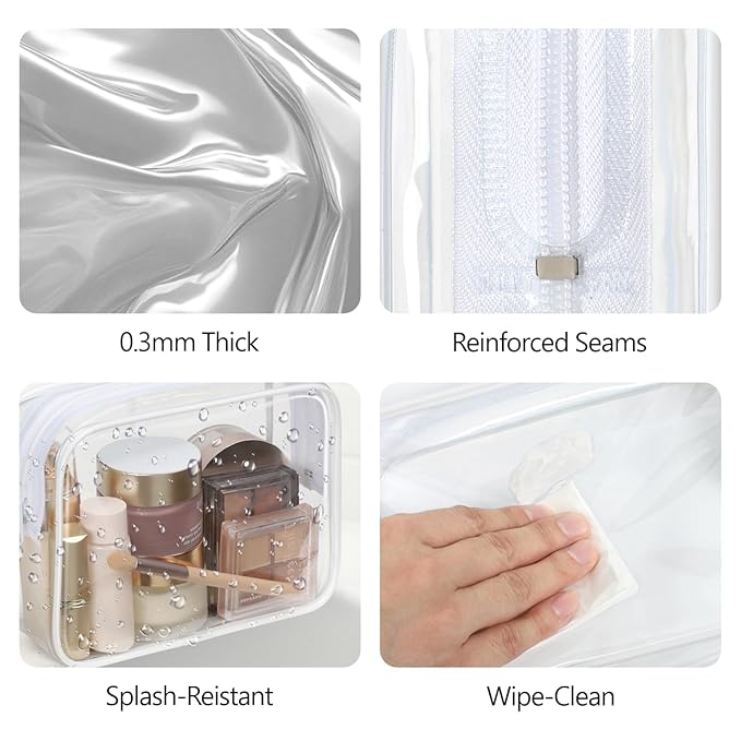 PACKISM TSA Approved Toiletry Bag - Clear Makeup Bag 3 Pack Medium, Metal Smooth Zipper Quart Size Bag for 3-1-1 Liquids, Travel Makeup Bag for Women Men, Airport Airline Compliant Bag, White
