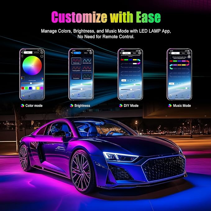 YiLaie Car Lights Interior, Smart Interior Car Lights with App Control, Under Dash Footwell Neon Internal Lighting Kit Multicolor, Cigarette Lighter DC 12V for Car Accessories