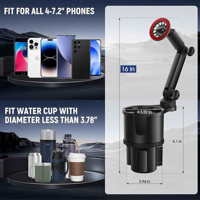 Car Cup Holder with Magnetic Phone Holder, 360° Rotating Cup Holder Phone Holder for Car Truck SUV, Magnet Cup Holder Expander for iPhone Samsung, N52 Magnets Phone Holder for Car