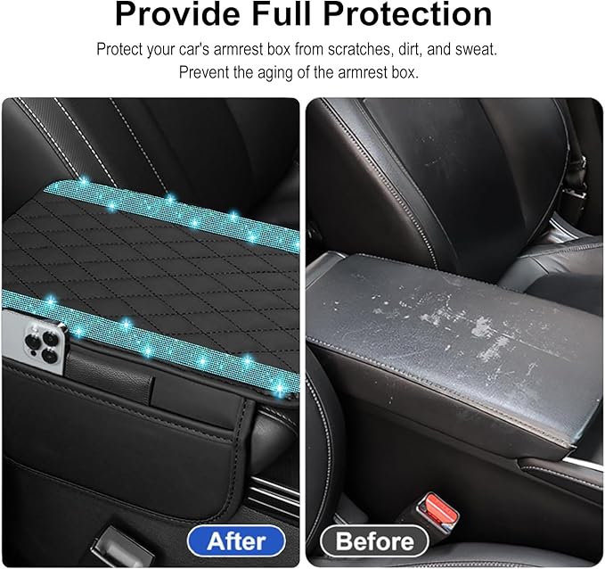 NBTEPEM Bling Car Center Console Cover, Leather Car Arm Rest Cover Cushion with 2 Storage Bags, Universal Auto Armrest Protector Storage Box, Bling Accessories Interior for Most Vehicles (Aquamarine)