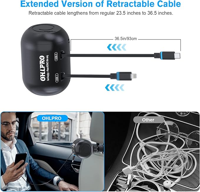 OHLPRO 2 in 1 Backseat Car Charging Station Box, 45W Fast Charge Multi Retractable Car Charger for Uber Chargers for Passengers, for iPhone/Samsung and Tablets - All Cars