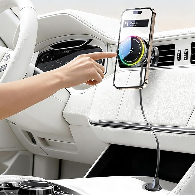 Car Mount Charger 15W Magnetic Phone Holder with Type-C Retractable Cable and RGB Light, Mag Wireless Charging Phone Mount for Air Vent Compatible with iPhone, Samsung, All Smartphones (Gray)