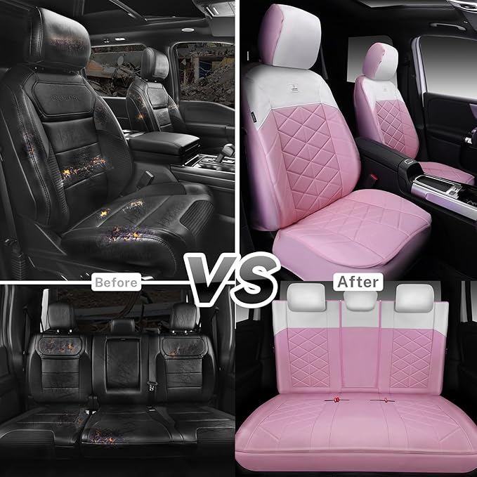 CAR PASS Nappa Leather Seat Covers for Car, Waterproof Seat Covers Full Set, Luxury 3D Rhombus Lined Sponge Airbag Compatible Universal Fit for Automotive SUV Truck Pickup Sedan, Pink White