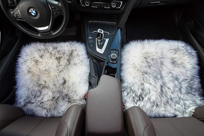Winter Warmth: Universal Sheepskin Seat Cushion Cover - Natural Wool, for Cars, Trucks, SUVs & Vans - Cozy & Stylish Driving Companion Front Grey Tips