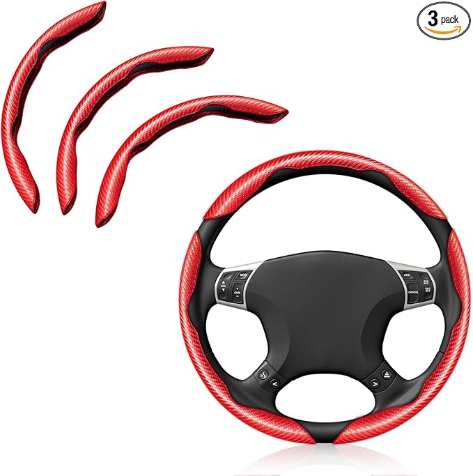 Pincuttee Carbon Fiber Steering Wheel Cover - 3PC, Universal Non Slip Steering Wheel Protector, Car Interior Accessories (Matte Red)
