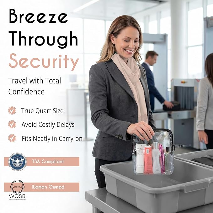 BORSALI TSA Approved Toiletry Bag - Clear Quart Size for 3-1-1 Carry On Travel - Makeup Organizer Cosmetic Pouch with Zipper - Travel Accessories - Taupe