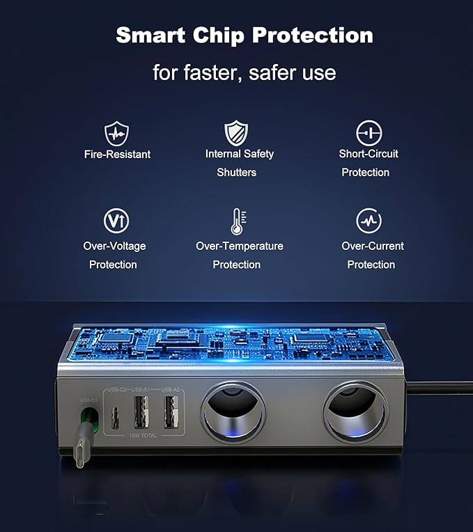 Retractable Cigarette Lighter Splitter, USB Car Charger Adapter with PD 65W, 2 Sockets with Independent Switches, TSNAM 12V/24V Car Splitter with LED Display