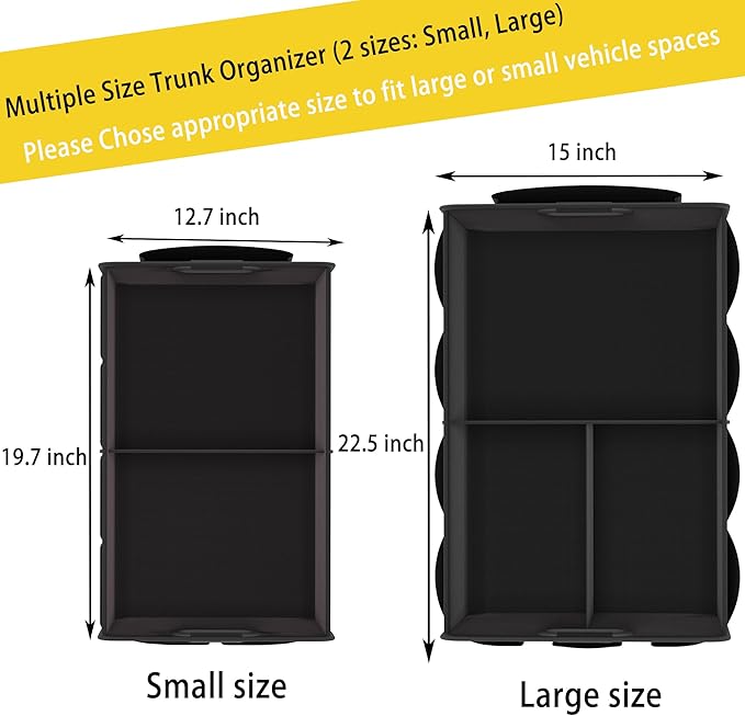 Homeve Trunk Organizer, Car Storage, Reinforced Handles, Collapsible Multi-Compartment, Foldable, Waterproof, Sturdy, 600D Oxford Polyester For Car, SUV, Mini-Van, Black, 2 Compart-Small