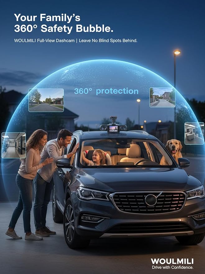 Full View Car Dashcam Wireless System 360 Car DVR WiFi 4 Channel Dash Cam Video Recorder Camera for Cars, Front and Rear Inside with Infrared Lamps Night Vision (64G)
