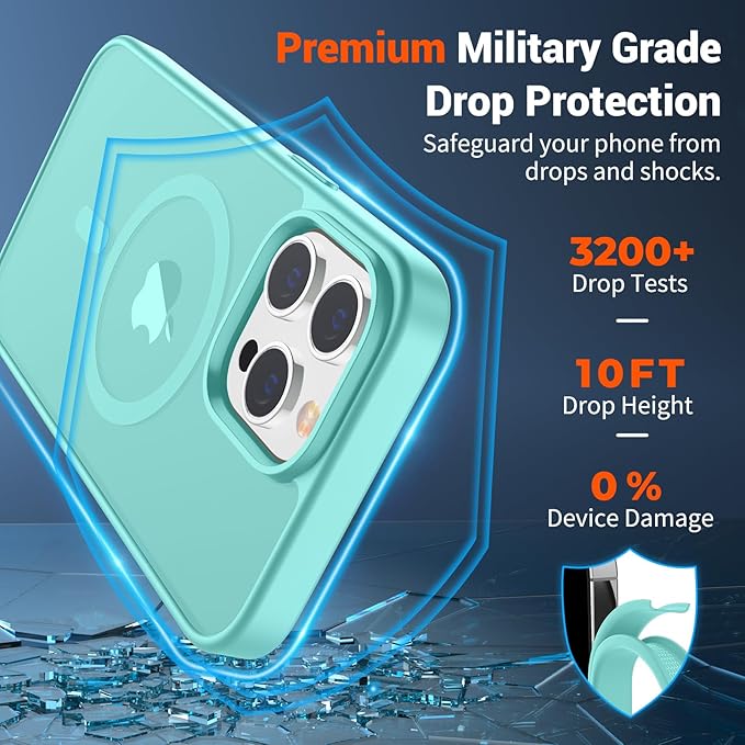 SUPFINE Magnetic for iPhone 14 Pro Max Case (Compatible with MagSafe) (Military Grade Drop Protection) Translucent Matte Shockproof Phone Cover,Blue Green