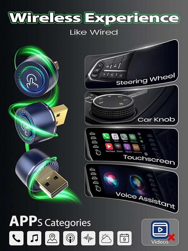 Wireless CarPlay Adapter for Apple iPhone -1 Click Switch for 2 Phones, Plug & Play, Converts Wired to Wireless Car Play Dongle, No Lag, Fast Stable for Cars 2016+ with Apple CarPlay & Android Auto
