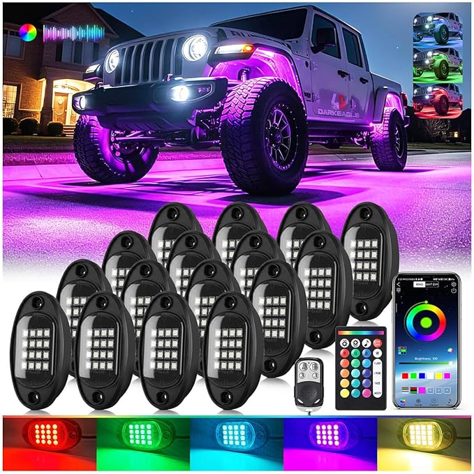 16Pods RGB LED Rock Lights for Trucks Pickup Jeep Gladiator Off-Road, Multicolor Underglow Light Kit with APP/RF Remote Dual Zone, Plug and Play&Pre Wired 12V Vehicle Underbody Accent Light Waterproof