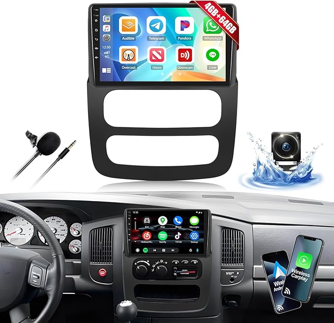 4G+64G Car Stereo Radio for 2002 2003 2004 2005 Dodge RAM 1500 2500 3500 with Wireless CarPlay Android Auto Android 15 Head Unit 9" Touch Screen Radio with 16EQ GPS FM Bluetooth 5.0 HD Backup Camera