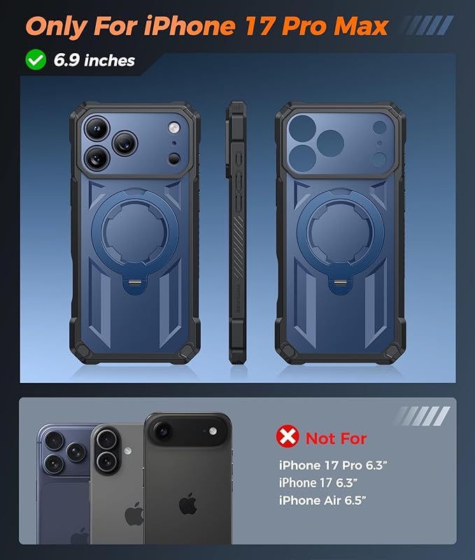 FNTCASE for iPhone 17 Pro-Max Case: [360 Spin Magnetic Ring Kickstand] [Compatible for MagSafe] [Screen Protector] Heavy Duty Military Grade Protection Protective Phone Case with Stand Blue
