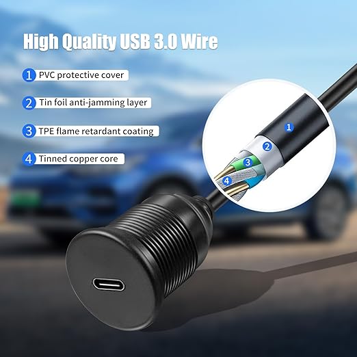 Single Port USB C 3.0 Male to USB C 3.0 Female Extension Cable,Flush Mount Waterproof Panel Cable for Car,Truck,Boat,Motorcycle Dashboard 3.3ft