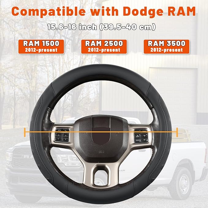 GIANT PANDA Car Steering Wheel Cover for RAM 1500 2500 3500, Compatible with Dodge RAM 15.5-16 inches - Black