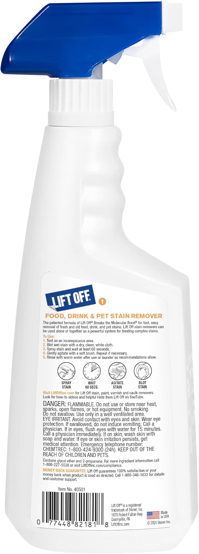 Motsenbocker's Lift Off 40501 Food, Drink, and Pet Stain Remover Spray Eliminates Tough Stains from Multiple Surfaces, Excellent as a Pre-Wash Laundry Treatment, Water-Based, 22 Fl Oz, Pack of 1