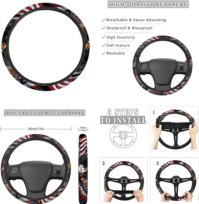 FKELYI Eagle American Flag Car Seat Covers Full Set Car Headrest Covers Gear Shifter Knob and Handbrake Cover Set, Steering Wheel Protector,Cup Coasters