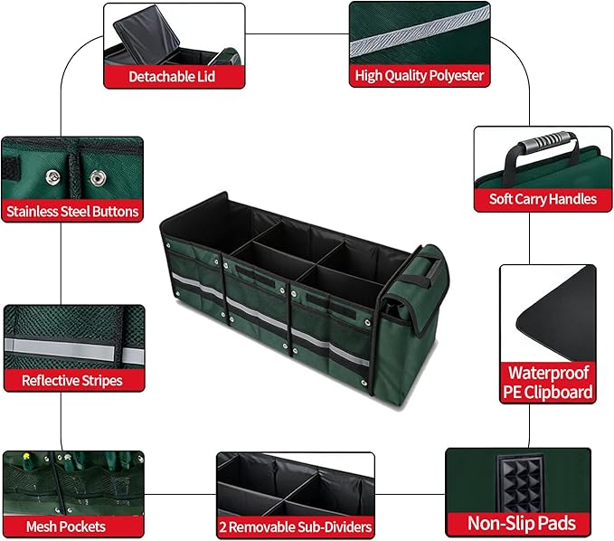Car Trunk Organizer with Cooler Bag, Collapsible Multi-Compartment Car Organizer for SUV, Truck, Durable Car Storage Organizer for Groceries, Camping, Christmas Gifts (Green)