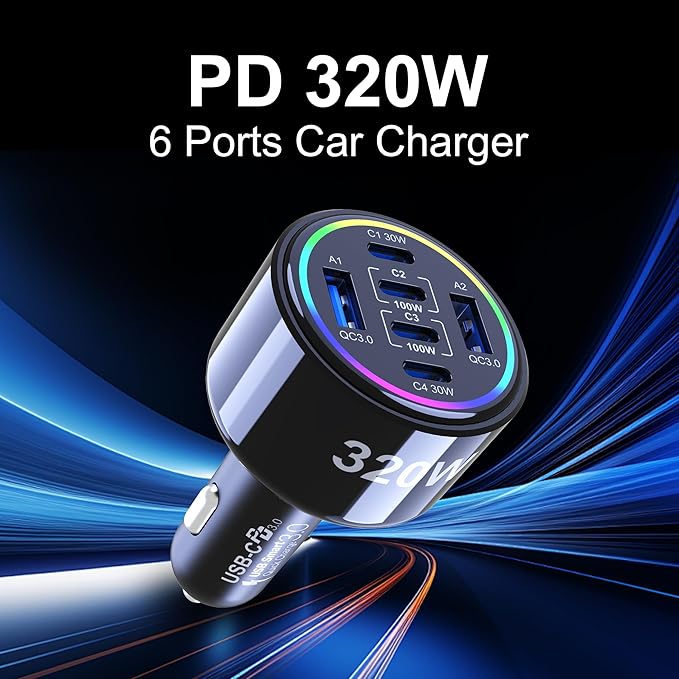 320W USB C Car Charger, 6 Ports Type C Car Charger, PD3.0/QC4.0/PPS Super Fast Charging for iPhone 17/16/15 Series, Galaxy S25/S24/23, iPad, MacBook Pro/Air, Laptop (Black)