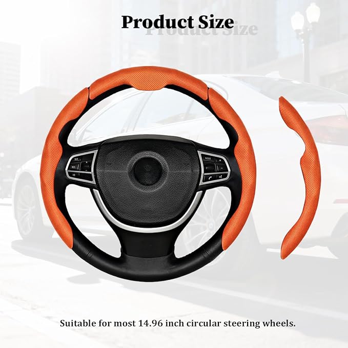 3PCS Car Steering Wheel Cover, Nappa Leather Breathable Non-Slip Segmented Steering Wheel Protector, Snap-on Auto Interior Decoration Accessories, Universal Fit (Orange)