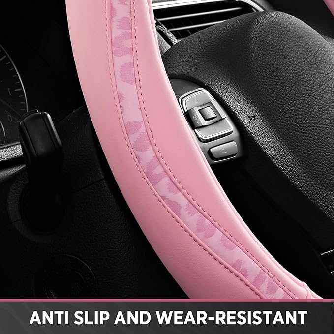 Road Comforts Steering Wheel Cover - Made with PVC Leather and Leopard Fabric - Universal 14 1/2 inches to 15 inches for Most Automotive Steering Wheel - Cheetah Print - All Pink