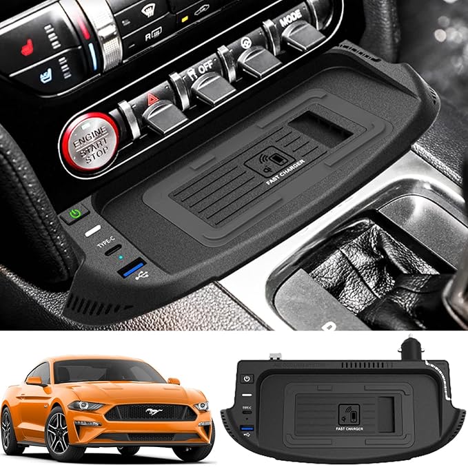 Wireless Car Charger for Ford Mustang 2022 2021 2020 2019 2018 2017 2016 2015, 15W Qi Fast Charging Phone Charger Pad with QC3.0 USB Port for iPhone Galaxy, Gift for Ford Mustang Owners