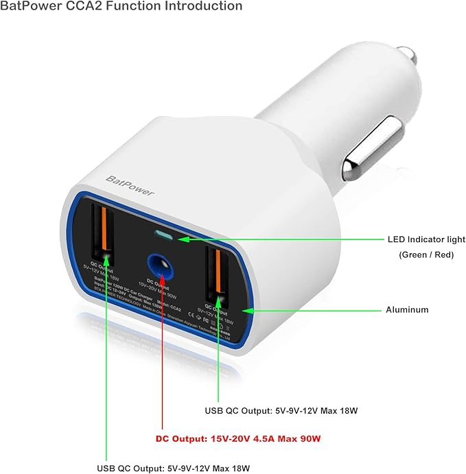 BatPower CCA2 120W Laptop Car Charger - Magnetic Design, DC 12V-24V - Compatible with MacBook Pro/Air (M1/M2) & Other Devices
