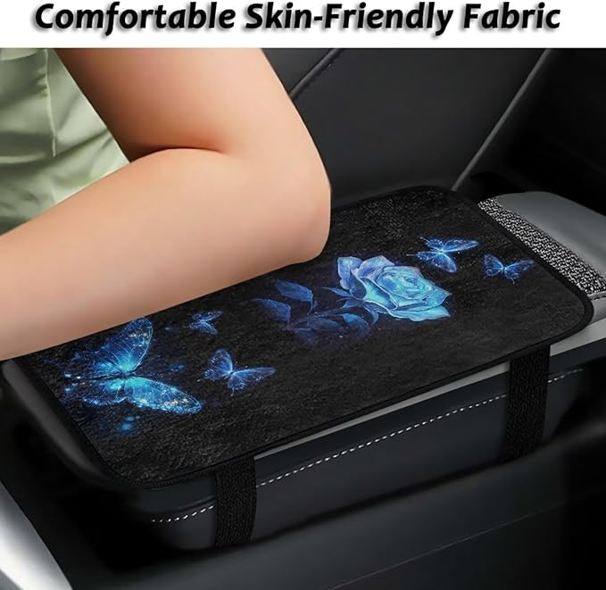 Butterfly Rose Armrest Cover Car Soft Comfortable Auto Center Console Pad Flannel Anti-Slip Armrest Cover Center Console Cushion for Most Vehicle, SUV,Truck,Car