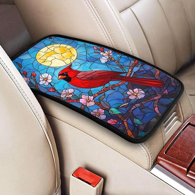 Universal Car Center Console Cushion Pad, Stained Glass Red Sparrow Soft Waterproof Car Center Console Cover Auto Armrest Seat Box Cover Protector for Most Vehicle SUV Truck Car