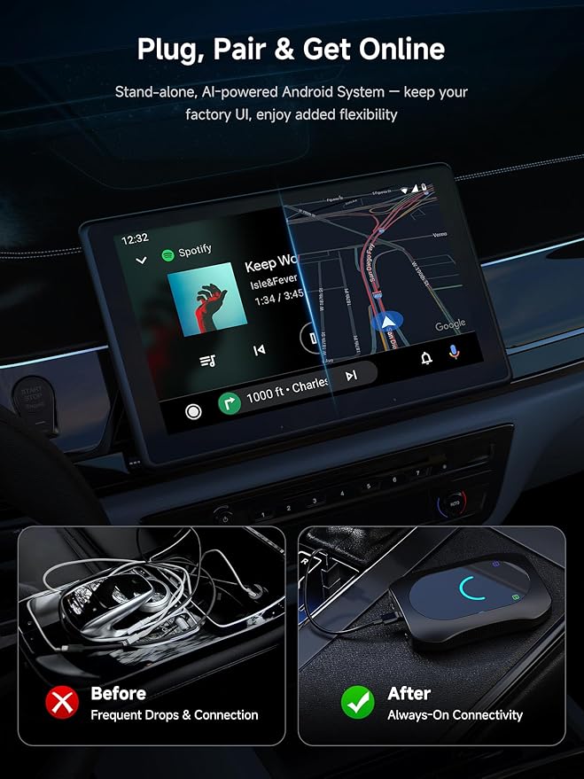 Wireless CarPlay & Android Auto Adapter, Supports for Netflix/YouTube, AI Box Carplay, Drivechat with AI Skills, Dual WiFi, Bluetooth, Fits for OEM Wired CarPlay Cars