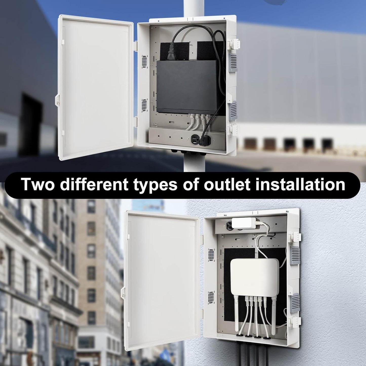 Outdoor Electrical Junction Box with High Power Outlet, ABS Water Resistant Enclosure with Internal Mounting Panel & Hinged Cover. (18.1" H* 12.6" L* 4.3" W & Outlet)