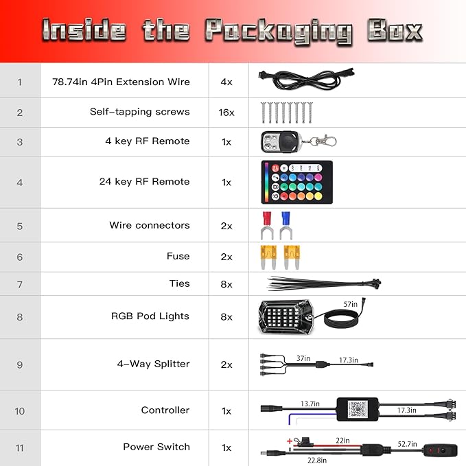 8 Pods Full Angle RGB LED Rock Lights for Truck Jeeps ATV UTV RZR Offroad Golf Cart SXS, Waterproof Multicolor Neon Underglow Kit with Bluetooth APP/RF Remote, 12Volt Underbody Lights