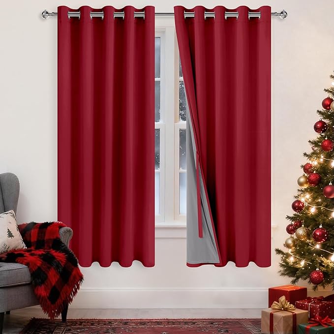 XWZO Thermal Insulated 100% Blackout Curtains with Tiebacks, Noise Reducing Drapes with Black Lining, Full Light Blocking Drapery Panels with Grommets for Bedroom, Christmas Red, W60 x L63, Set of 2