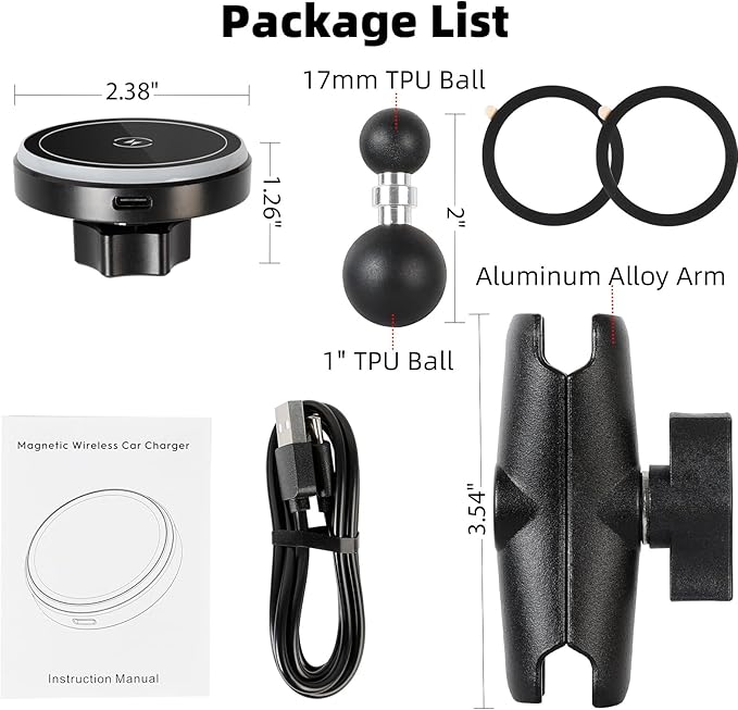 15W Magnetic Wireless Charging Phone Holder with 3.54" Medium Arm for MagSafe, 1" Ball Mount Adapter for RAM Mounts, Compatible with iPhone 17/16/15/14/13/12 Series