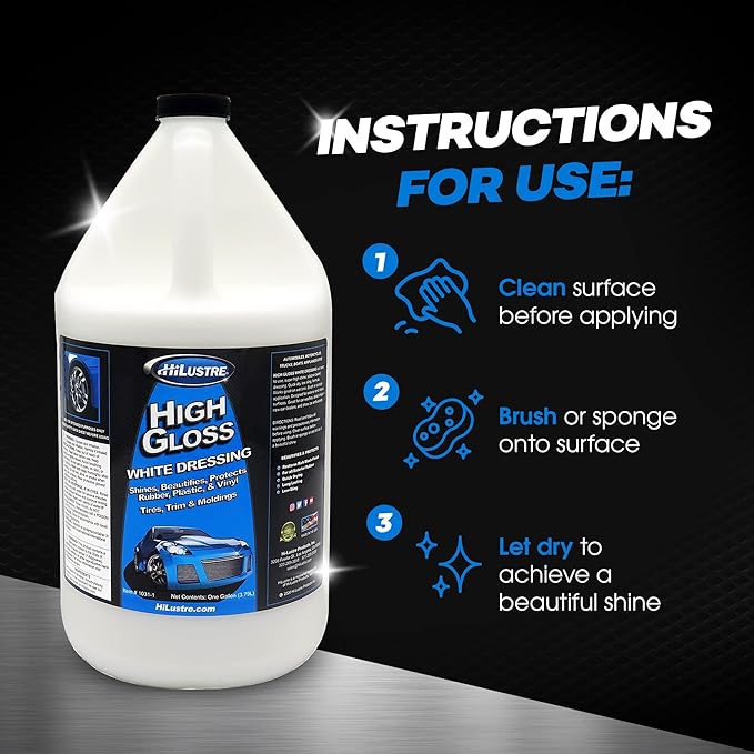 High Gloss White Dressing, Vinyl, Rubber, and Plastic Restorer for A Super Shine Finish, Back to Black Trim, Mold, and Tire Dressing, Quick Dry, Low Sling Formula, Bubblegum Scent, 1 Gallon