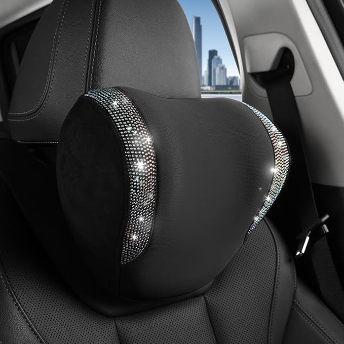 2 Pack Diamond Car Neck Pillow for Women, Memory Foam Neck Pillow for Chair for Lower Back Pain Relief, Car Headrest Pillow with Adjustable Strap, Comfort Softness Neck Support Pillow(Black)