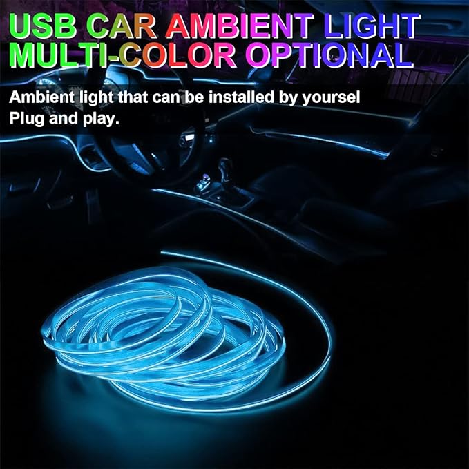 EL Wire LED Strip Lights, 10FT/3M USB Auto Neon Light Strip with Sewing Edge, Electroluminescent Car Ambient Lighting Kits with Fuse Protection, Car Decoration Accessories (Blue/10FT)