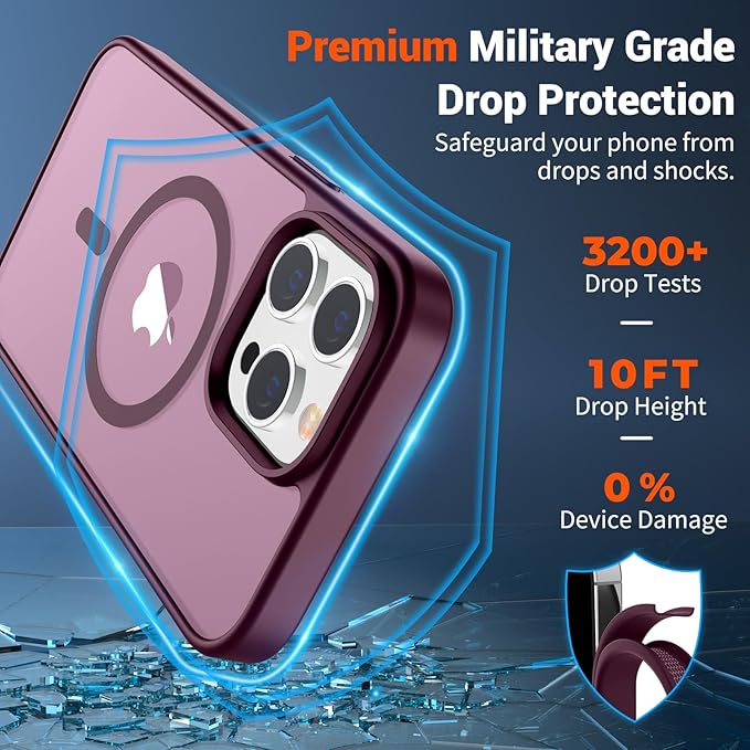 SUPFINE Magnetic for iPhone 14 Pro Max Case with Screen Protector (Compatible with MagSafe) (Military Grade Drop Protection) Translucent Matte Shockproof with Anti-Fingerprint Phone Case,Wine Red