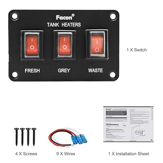 Facon 12Volts Switch Box Panel, 30Amps Rocket On&Off Switch with Red Indicator Light for RV Tank System, IP66 Waterproof Control Gang Kit System for RV Tank Heating Pad
