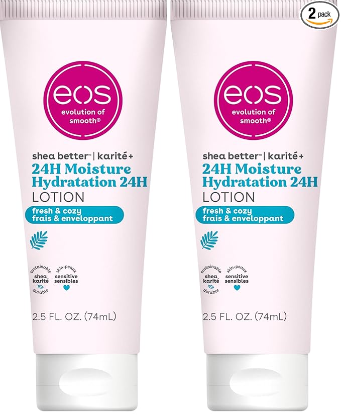 eos 24H Moisture Travel Body Lotion- Fresh & Cozy,Travel Size Essential,Toiletries,Mini Body Lotion,2.5 fl oz,(Pack of 2)